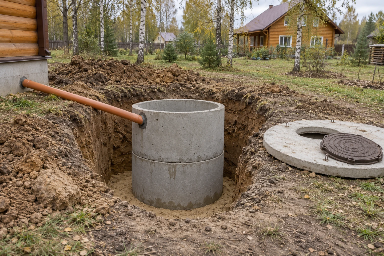 Два бетонных кольца выгребной ямы в котловане, рядом крышка с люком